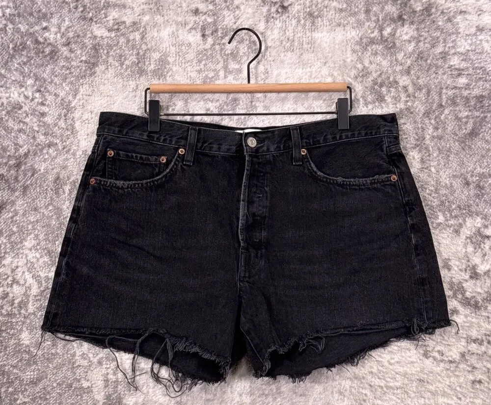 Agolde Parker Long Shorts 32 Womens High Rise Black Denim Cut Off